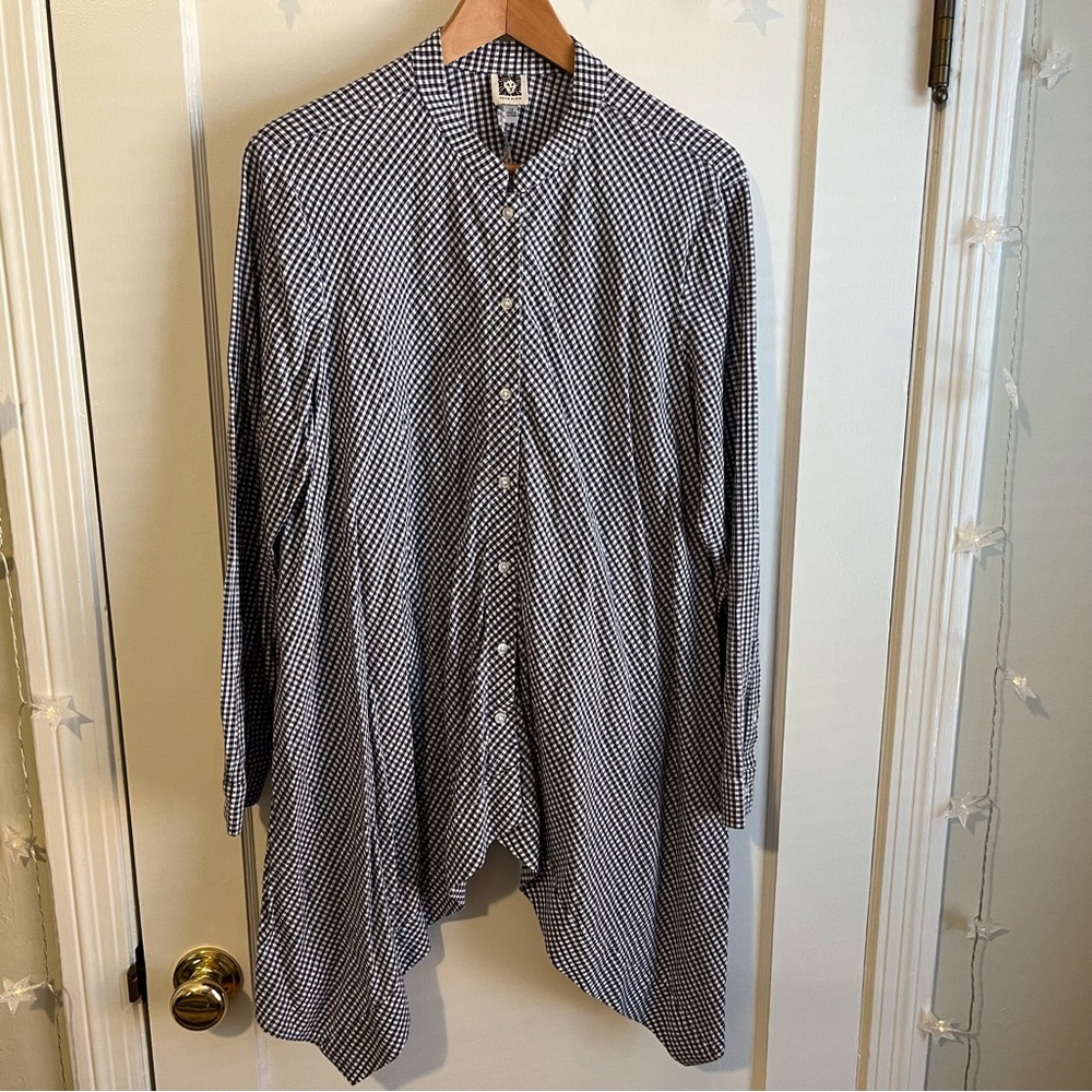 Anne Klein Gingham Asymmetrical Hem Shirt, Size 14